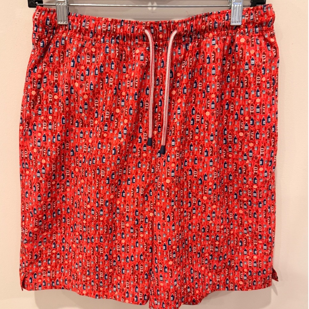 Peter Millar Seaside Mens Red Cocktail Bottle Print Swim Trunks Size M